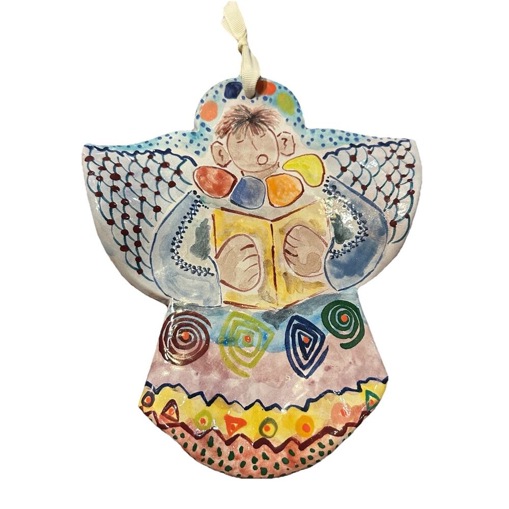 Rare Hand painted Terracotta Angel Shaped Tile With Angel Painted 7x8in Artist